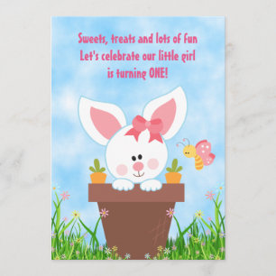 Cute Flower Pot Bunny 1:a födelsedagsinbjudan Inbjudningar