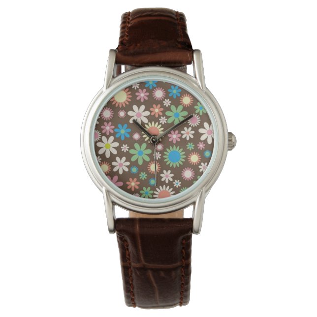 Cute Flower Power Mönster Brown Armbandsur (Framsida)