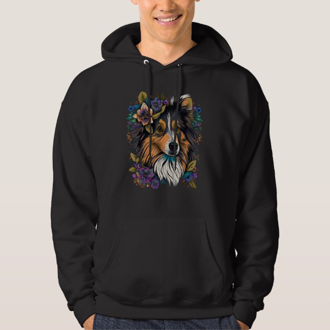 Cute Flower Sheltie summer Floral Shetland Sheepdo Hoodie (Framsida)