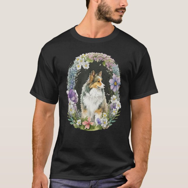 Cute Flower Sheltie summer Floral Shetland Sheepdo T Shirt (Framsida)