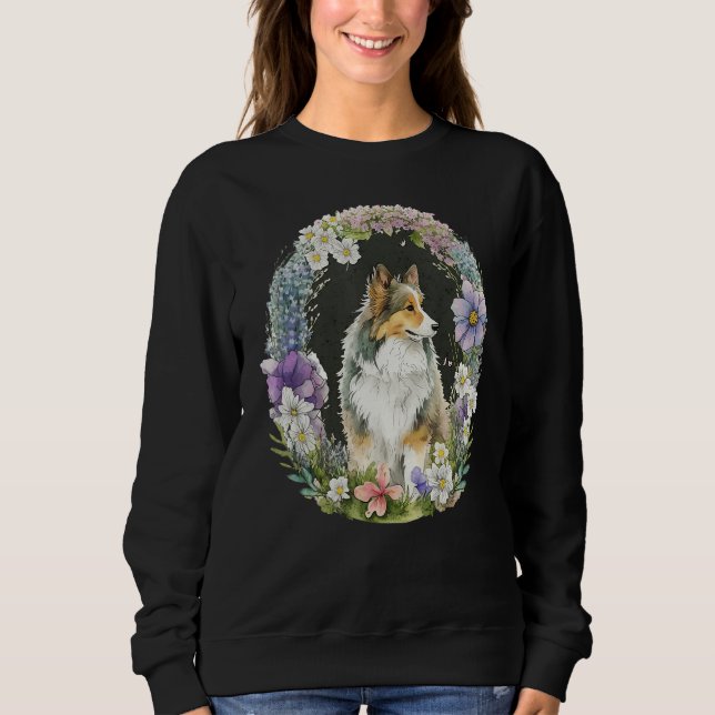 Cute Flower Sheltie summer Floral Shetland Sheepdo T Shirt (Framsida)