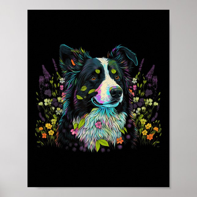 Cute Flower Summer Blommigt Gräns Collie Poster (Framsidan)