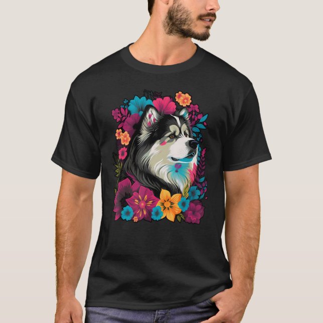 Cute Flower summer Floral Alaskan Malamute T Shirt (Framsida)