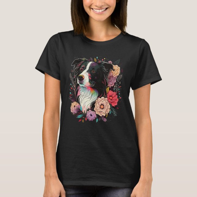 Cute Flower summer Floral Border Collie 4 T Shirt (Framsida)