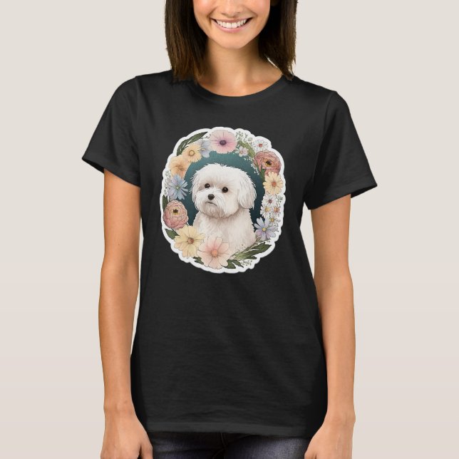 Cute Flower summer Floral Maltese dog T Shirt (Framsida)