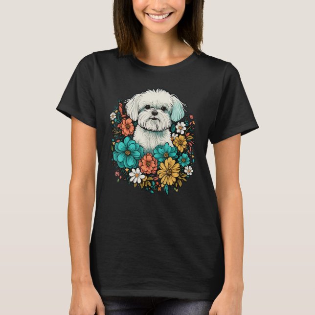 Cute Flower summer Floral Maltese dog T Shirt (Framsida)