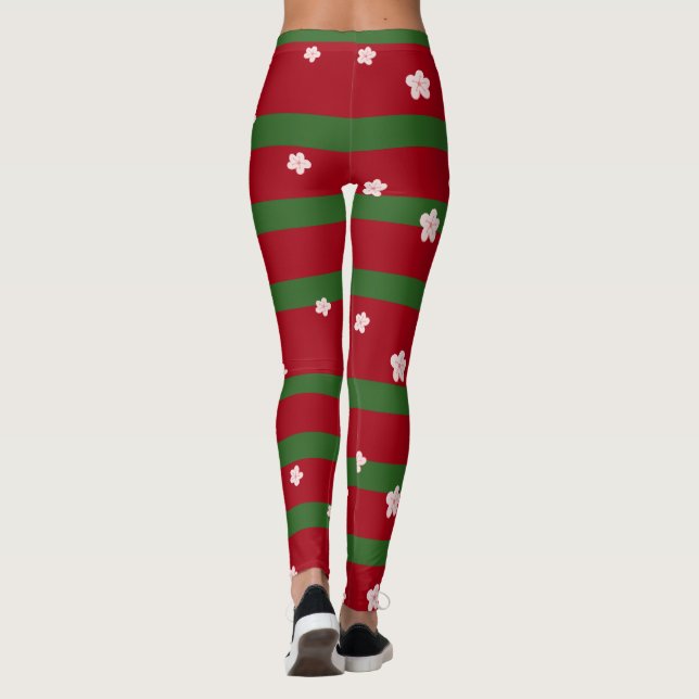 Cute Flowers Blommigt på Solid Grönt Red jul B Leggings (Baksida)