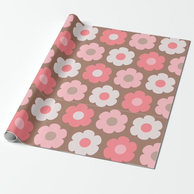 Cute Flowers Retro Blommigt Rosa och Mocha Brown Presentpapper (Utrullad)