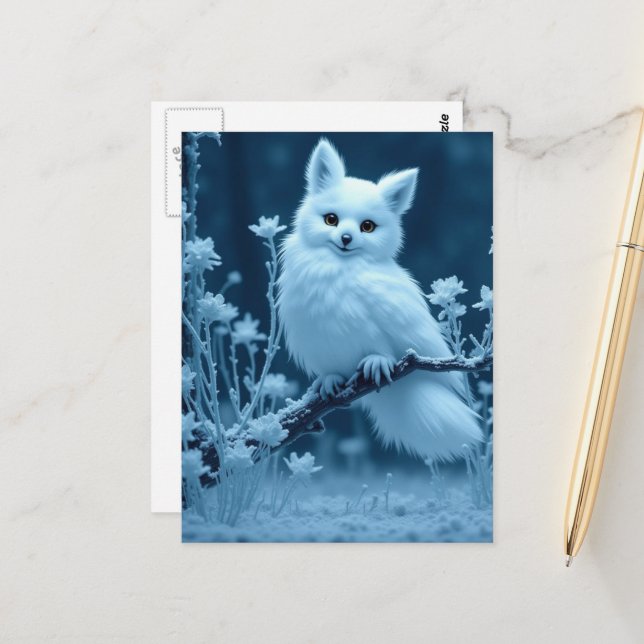 Cute Fluffy Arctic Fox Owl Hybrid Fantasy Critter Vykort (Fram/Back In Situ)