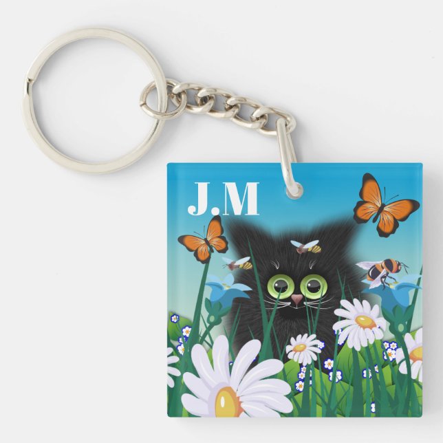 Cute Fluffy Black Kitten och Daisy Art Monogram (Framsidan)