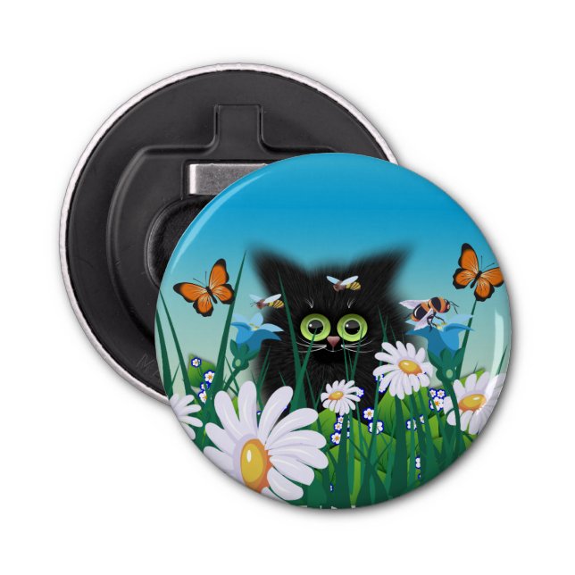 Cute Fluffy Black Kitten och Daisys Art Flasköppnare (Framsidan)