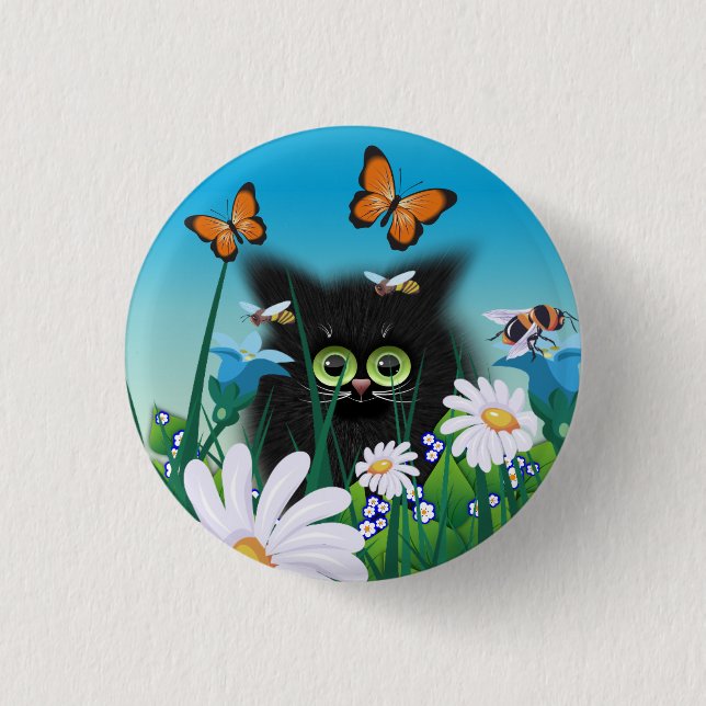 Cute Fluffy Black Kitten och Daisys Art Knapp (Framsida)