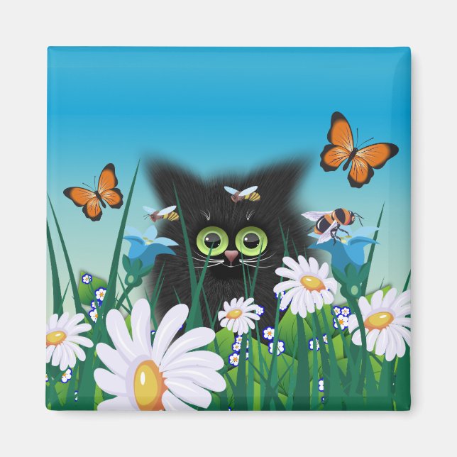Cute Fluffy Black Kitten och Daisys Art Magnet (Framsidan)