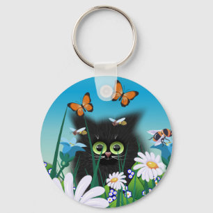 Cute Fluffy Black Kitten och Daisys Art Nyckelring