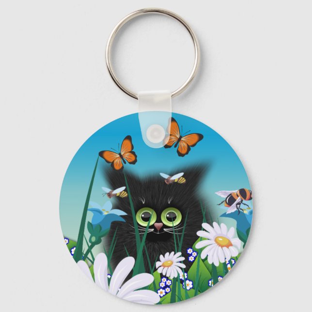 Cute Fluffy Black Kitten och Daisys Art Nyckelring (Framsida)