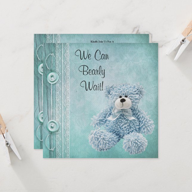 Cute Fluffy Blue Teddy Baby Shower Inbjudningar (Fram/Back In Situ)