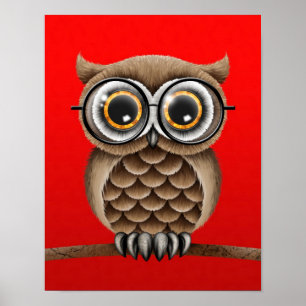 Cute Fluffy Brown Uggla med läsglas, rött Poster