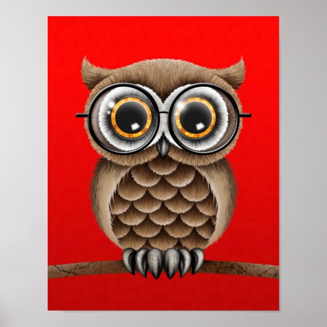 Cute Fluffy Brown Uggla med läsglas, rött Poster (Framsidan)