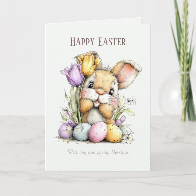 Cute Fluffy Bunny Funny Easter Card, Pastel Blue Helgkort (Framsida)