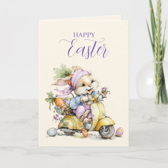 Cute Fluffy Bunny in a Scooter Happy Easter Card Helgkort (Framsida)