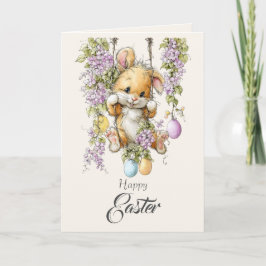 Cute Fluffy Bunny Watercolor Easter Card Pink Ears Helgkort