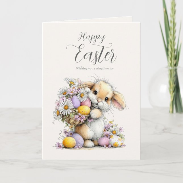 Cute Fluffy Bunny with Egg Basket Easter Card Helgkort (Framsida)