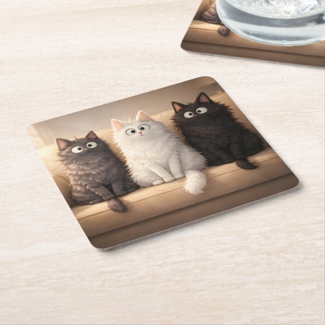Cute Fluffy Cartoon Cats Whimsical Drink  Underlägg Papper Kvadrat (Vinklad)