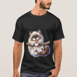 Cute Fluffy Cat Hanging on Rope Playful Art ✨🐾🪢 T Shirt