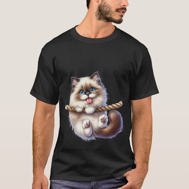 Cute Fluffy Cat Hanging on Rope Playful Art ✨🐾🪢 T Shirt (Framsida)