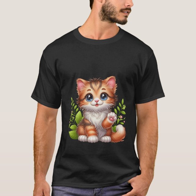 Cute Fluffy Ginger Cat Waving Hello Art ✨🐾🌿 T Shirt (Framsida)