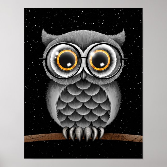 Cute Fluffy Grått Uggla med glas med stjärnor Poster (Framsidan)