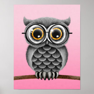 Cute Fluffy Grått Uggla med glasögon, Rosa Poster