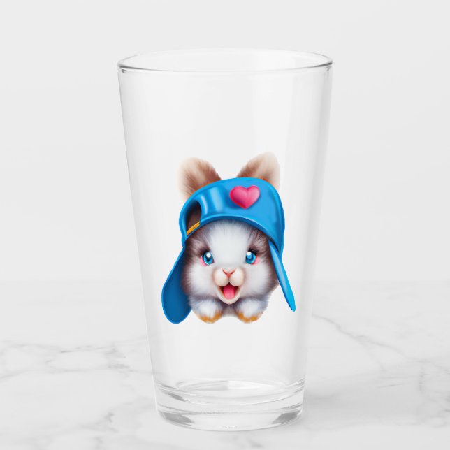 Cute Fluffy Hiphop Baby Bunny med Blue Hat Glaskopp (Framsida)