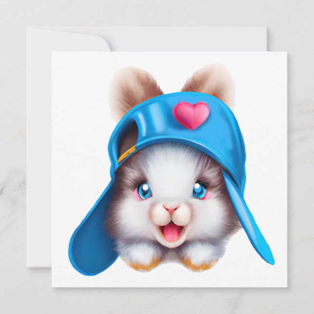 Cute Fluffy Hiphop Baby Bunny med Blue Hat Julkort (Framsida)