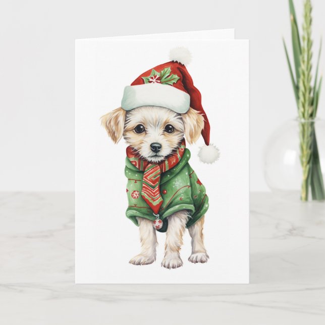 Cute Fluffy jul Puppy, Hat, Scarf BLANK Helgkort (Framsida)