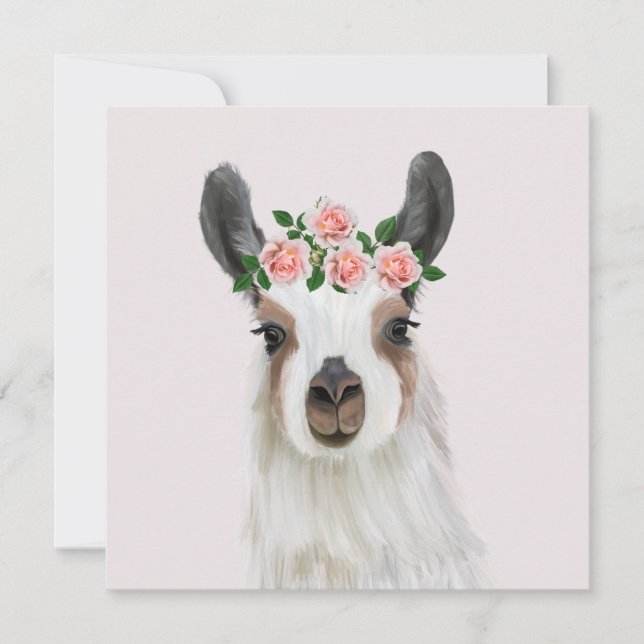 Cute Fluffy Llama med Ro Flower Krona Rosa (Framsida)