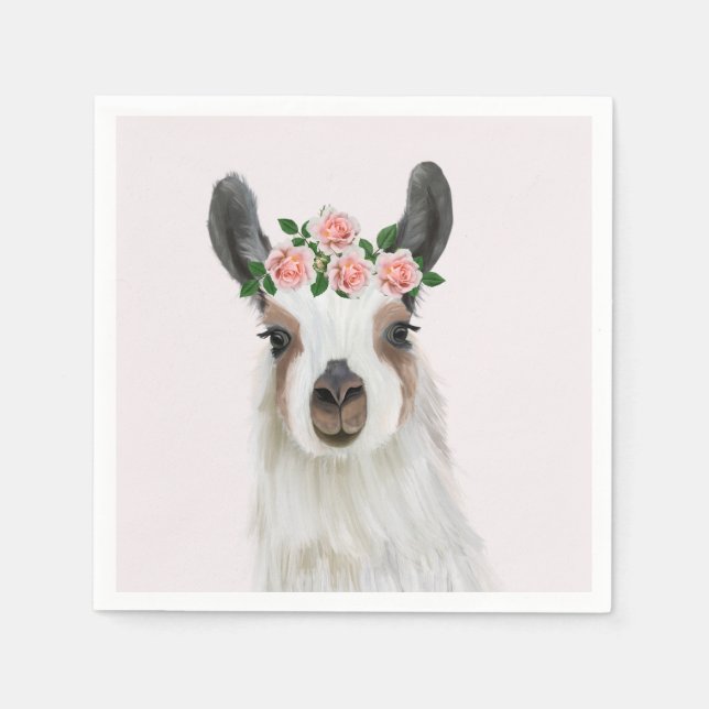 Cute Fluffy Llama med Ro Flower Krona Rosa Pappersservett (Framsidan)