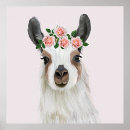 Cute Fluffy Llama med Ro Flower Krona Rosa Poster