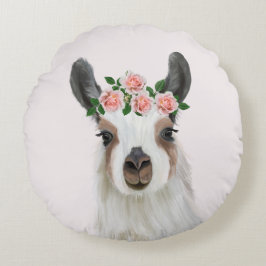 Cute Fluffy Llama med Ro Flower Krona Rosa Rund Kudde