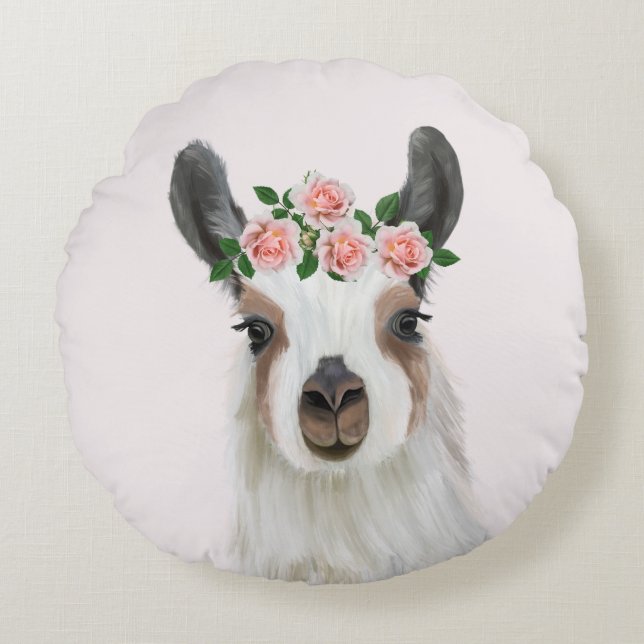 Cute Fluffy Llama med Ro Flower Krona Rosa Rund Kudde (Framsidan)