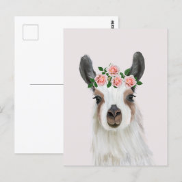 Cute Fluffy Llama med Ro Flower Krona Rosa Vykort