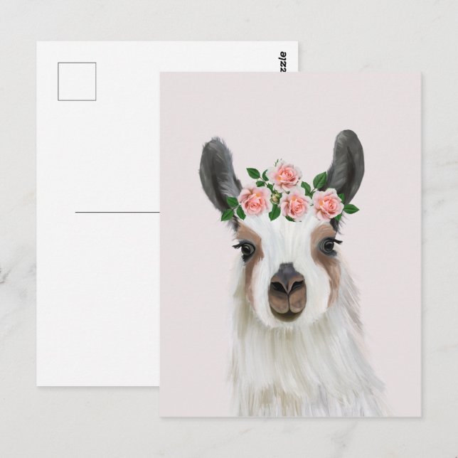 Cute Fluffy Llama med Ro Flower Krona Rosa Vykort (Fram/baksida)