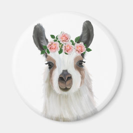 Cute Fluffy Llama med Ro Flower Krona White Magnet