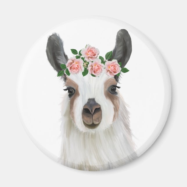 Cute Fluffy Llama med Ro Flower Krona White Magnet (Framsidan)