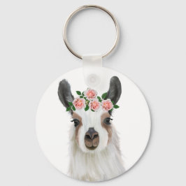 Cute Fluffy Llama med Ro Flower Krona White Nyckelring