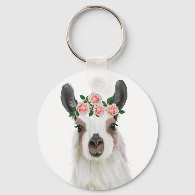 Cute Fluffy Llama med Ro Flower Krona White Nyckelring (Baksida)
