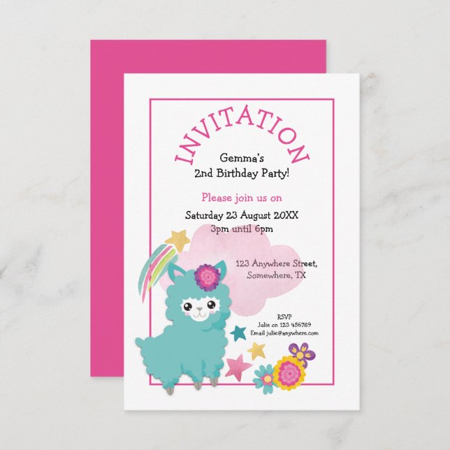 Cute Fluffy Llama Young Child Födelsedagsfest Rosa Inbjudningar (Fram/baksida)