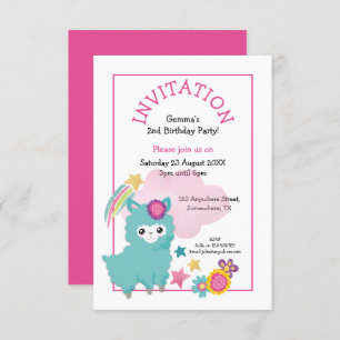 Cute Fluffy Llama Young Child Födelsedagsfest Rosa Inbjudningar