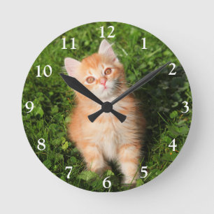 Cute Fluffy Orange Tabby katt Kitten Rund Klocka