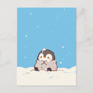 Cute Fluffy Penguin in Snowy Winter Landscape Vykort